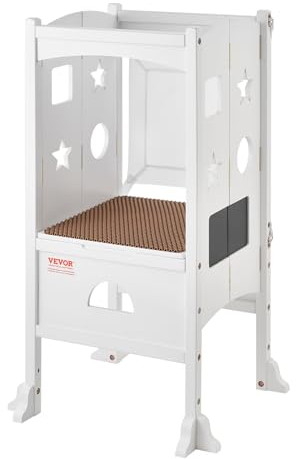 VEVOR Sgabello Bambini Carico max. 56,75 kg Scaletta d'Apprendimento in Legno, Rete di Sicurezza a 3 Altezze, Scaletta Torre Alzabimbo 510x540x942 mm da Cameretta Cucina Bagno Soggiorno Bimbi Bianco
