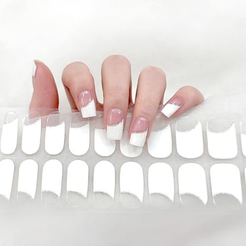 Gel Nail Wraps Gel Nail Stickers 20 Stickers Full-Cured Gel Nail Stickers Upgrade Glitter Gel Nail Strips Lasting for 15 Days - Adhesive Gel Nail Stickers Nail Art No Need UV/LED Lamp (Slant French)