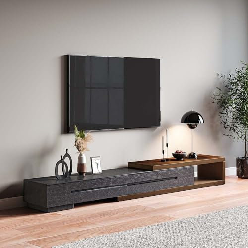 Modern Extendable TV Stand Cabinet For Up To 100 Inch TV, Walnut & Black Wood Reversible Media Console With 2 Drawers - （Partially Assembled）
