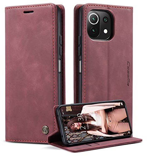 Phernykas Coque pour Xiaomi 11 Lite 5G NE/Mi 11 Lite 4G/5G Étui Wallet Cover, Housse Flip en Cuir Premium PU Portefeuille Case, [Fentes pour Cartes] [Magnétique] [Antichoc] [Kickstand], Rouge