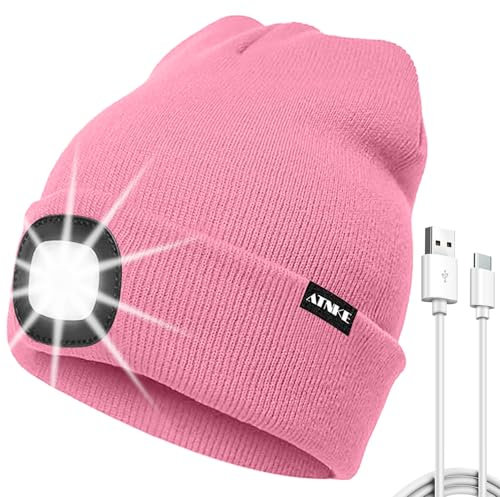 ATNKE LED Mütze mit Licht, USB Typ C Wiederaufladbare 4 LED Beleuchtete Laufmütze Extrem Heller Lampe Winter Warme Stricken Mütze für Herren und Damen Geschenke/Pink