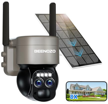 BEENOZO 8X Zoom 4K Telecamera Wi-Fi Esterno Senza Fili Solare 360° PTZ Videocamera Sorveglianza Esterno, Rilevamento Umano, Visione Notturna a Colori, 2 Vie Audio, IP66