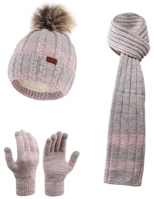 NATUST Mütze Schal Handschuhe Set Damen Winter Dickes Strickset Weiche Warme Gestrickt Langer Schal Touchscreen Handschuhe Grau Rosa