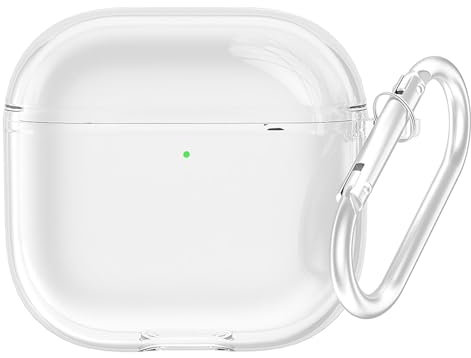 Durchsichtige, schlanke, stoßfeste Vollhülle, kompatibel mit AirPods 4 2024, Anti-Fall, Anti-Vergilbung, kabelloses Laden, vollständiger Schutz, weiche Hülle mit Karabiner (Clear)