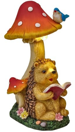 TERESA'S COLLECTIONS Gartendeko für Draußen Igel Gartenfigur mit Pilz Feengarten Figur Solar Gartenleuchte aus Kunstharz Wasserdicht Herbstdeko Gartendeko Terasse Hof Geschenke für Frauen 17cm