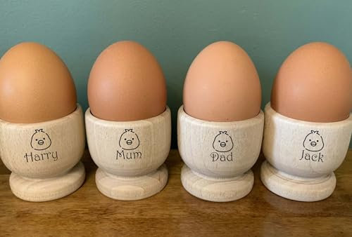Family Gift Idea, Set of 4 Personalised Wooden Egg Cups, Engraved with a Name and Chick Image