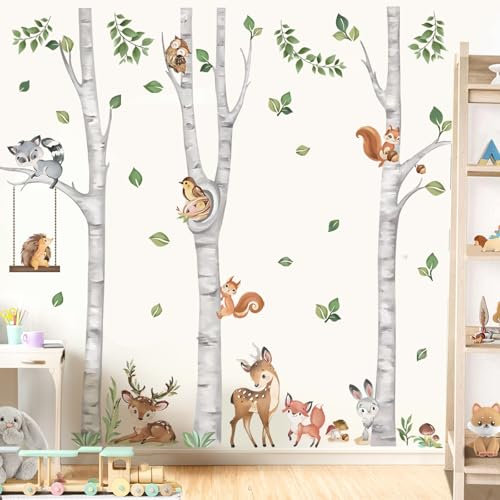 wondever Wandtattoo Baum Birke Groß Wandaufkleber Waldtiere Rehe Füchse Eichhörnchen für Kinderzimmer Babyzimmer