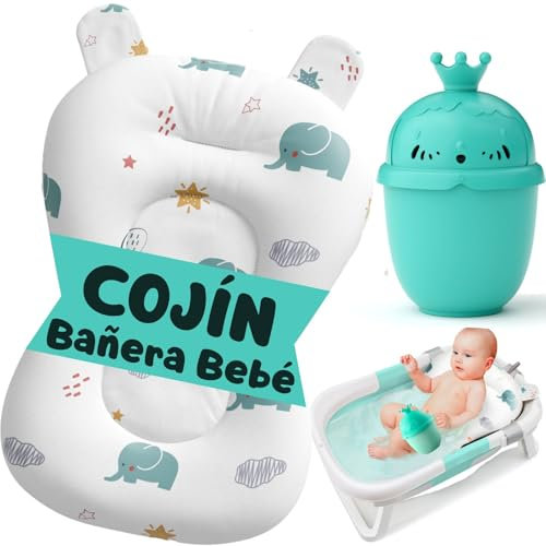 BabyBebloo Cojin Bañera Bebe + Jarra de Baño - Adaptador Bañera Bebe Universal - Reductor bañera - Cojín bañera bebe - Colchoneta Bebé - Hamaca Bañera - Secado Rapido, Suave y Blando (Blanco)