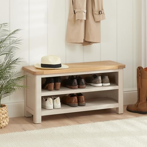 The Furniture Market | Marbury Putty Grey Painted | Shoe Storage Hallway Bench | Solid Wood Seat & Shoe Rack | Fully Assembled | Rounded Corners | H 500 x W 1000 x D 360mm