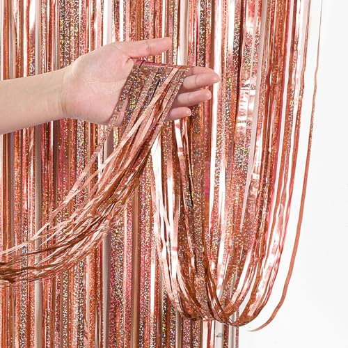 WenYa 3 Pack Rose Gold Foil Fringe Curtains Party Decorations, 3.3ft x 6.6ft Glitter Fringe Rain Curtain, Photo Booth Streamer Tinsel Curtain Streamer for Wedding Christmas