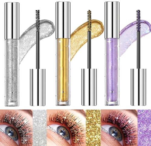 3 x schimmernde Mascara-Lidschatten, bunte glänzende und glitzernde Mascara, verlängernde Mascara, bunte Wimpern, wischfest, wasserfest, langanhaltend für die Wimpern