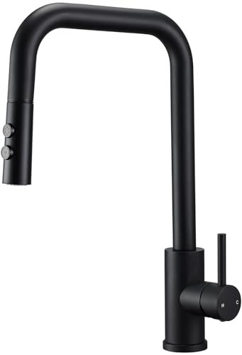 Peppermint Matt Black Kitchen Taps with Pull Out Spray Square Kitchen Mixer Tap Stainless Steel Single Lever Kitchen Sink Taps Mixer High Spout Pull Out Kitchen Tap Modern 360° Swivel Faucets