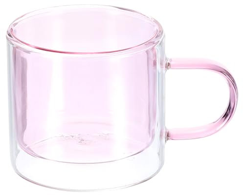 sourcing map 8.4 oz Double Wall Glass Coffee Mugs, Glass Tea Cup with Widened Handles for Espresso Coffee, Cappuccino, Tea Bag, Latte, Hot Cold Beverages, Juice, Pink