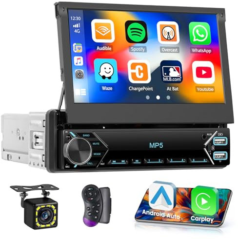 Inefala Radio Coche Bluetooth 1 DIN con Pantalla Retráctil 7, Carplay Inalámbrico Android Auto, Reproducción de Vídeo en Línea, Función de Salida de Vídeo, 2USB+Type-C Cámara Trasera Mic