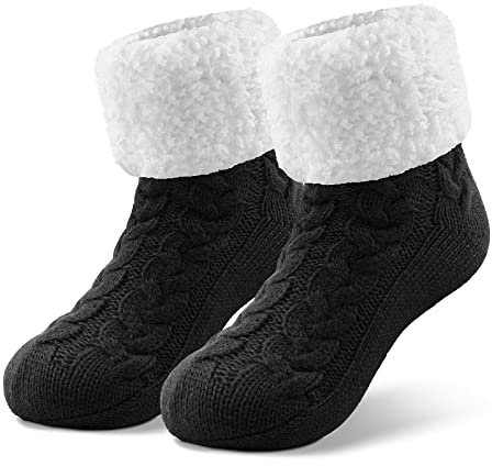 SIMIYA Kuschelsocken Damen, flauschige Haussocken anti Rutsch Stoppersocken Wintersocken Weihnachtssocken, mit ABS Sohle und warme Hüttensocken, 1 Paar (Schwarz)