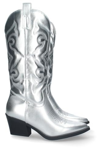 75341 Bota de Tacon para Mujer, Comoda, Estilo Campera, con Bordado en la Cana, de Punta Fina, y Cierre de Cremallera Plata Talla 41
