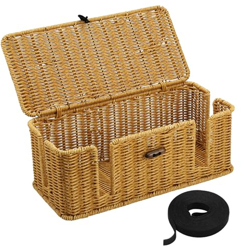 Nagoyuki Handwoven Faux Rattan Cord Organizer Box with Lid,2 Open Slots Cable Organizer Box With Cable Ties,Decorative Cord Hider Box for Tv Computer USB Hub & Power Strip Holder Box (Natural)