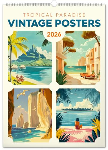NOTIQUE Wandkalender 2026 Vintage Poster – Tropische Paradiese – Exotische Landschaften & Strandmotive – Bildkalender 33x46 cm