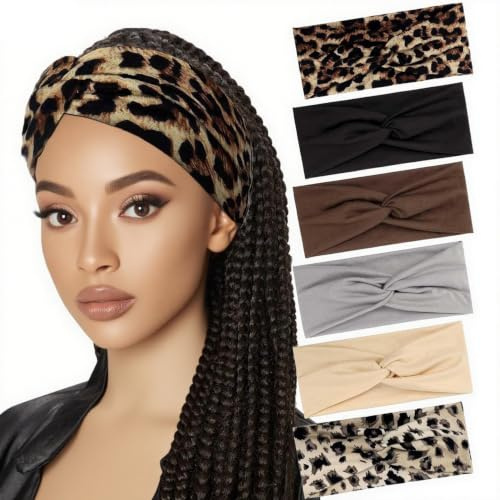 Norhogo 6 Stück Elastische Stirnbänder, Stirnband damen, Haarreif Elastisch Breites Stirnbands, Stirnband Knoten Sport Headwrap Headband Yoga Haarschmuck für Mädchen, Leopardenmuster, Einfarbig