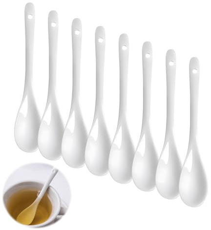 8 Stück Porzellan Eierlöffel 13x2,5cm Kaffeelöffel Teelöffel Gewürzlöffel | Spülmaschinenfest, glatte Oberfläche, vielseitig einsetzbar, Restaurant Café Dessert Joghurt Frühstück, robust