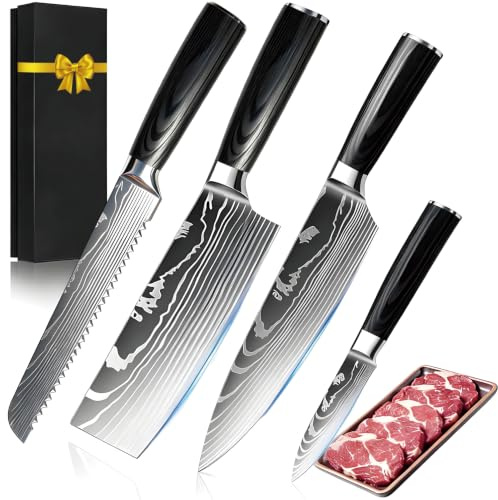 QTACIE Kitchen Knife Set, 4 Pcs Chef Nakiri Bread Paring Knife Set, Professional Kitchen Knives with High Carbon Stainless Steel, with Ultra Sharp Blade & Easy Grip Handle