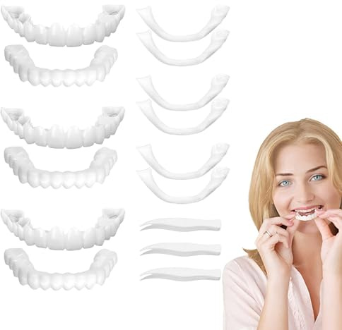 HYRKOTW Facette Dentaire Cosmétique, 15 Pièces Placages Fausses Dents Haut et Bas Temporaires supérieure et inférieure, 2 bandes de gel et une pince à épiler, pour hommes et femmes (blanches)