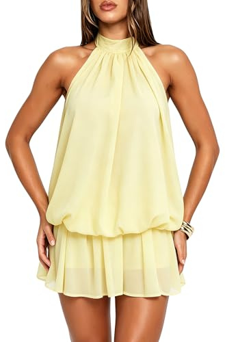Coloquin Womens Cute Halter Chiffon Mini Dress Flowy Ruffle Backless Y2k Party Going Out Short Dresses Yellow M