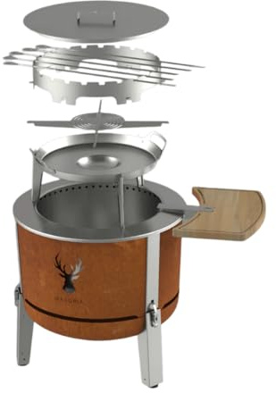 Masuria Brasero Exterieur sans fumée 60cm⌀ Alpha 600 - Croix de Pot, Bar, Plancha, Couvercle, Brochettes Inclus - Réduction de fumée brevetée jusqu'à 95% - Fabriqué dans l'UE - Pieds réglables