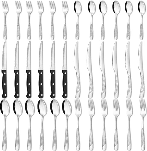 Cubiertos Acero Inoxidable 36 Piezas para 6 Personas, Juego de Cubertería Completa con 6 Tenedores, 6 Tenedores de Postre, 6 Cuchillos, 6 Cucharas, 6 Cucharillas y 6 Cuchillos de Carne