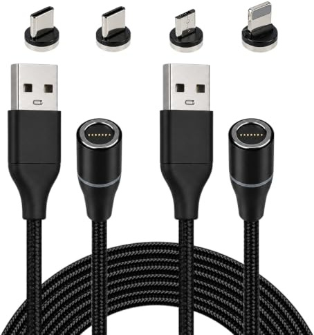 Pack de 2 Cables de Carga Magnéticos USB-C 60W 2M – Trenzados en Nylon con LED, Adaptadores Type C/Micro USB/Lightning, Carga Rápida para Samsung S23 S22 para Huawei para iPhone