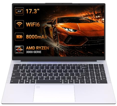 Computer portatile 2026 da 17,3 pollici FHD argento, Ryzen 3 3000 Series fino a 3,5 GHz, 8 GB DDR4 512 GB SSD, tastiera illuminata, impronte digitali, WiFi 6, Bluetooth 5.2 Type-C, portatile, per