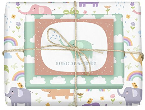dabelino® 4x Geschenkpapier Elefant für Kinder/Babys: doppelseitige Bögen DIN A2 (Öko, Recycling-Papier) + 1x Postkarte | Für Jungen und Mädchen | Made in Germany