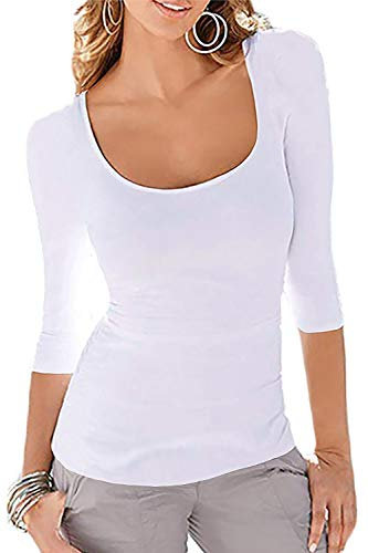 Gemolly Women's 3/4 Sleeve Cotton Tops Square Neck Soft Stretch Slim Fit Tee Shirts - White - Medium