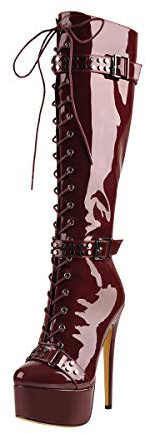 Only maker Damen Kniehoch Stiefel Plateau Hohe Schnürstiefel mit Stiletto Absatz Lack Verzierte Riemen Schnalle Weinrot 42 EU