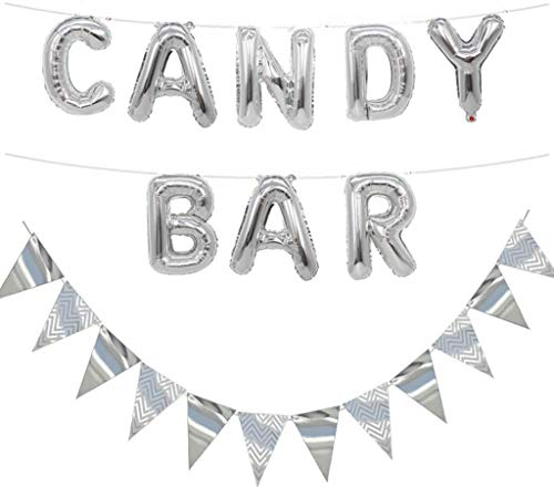 Ouceanwin Candy Bar Dekoration Zubehör Set, Helium Luftballon Candy Bar Silber und 12pcs Glitter Wimpel Girlande Bunting Banner für Hochzeit Party Weihnachten Geburtstag Decor Event Supplies
