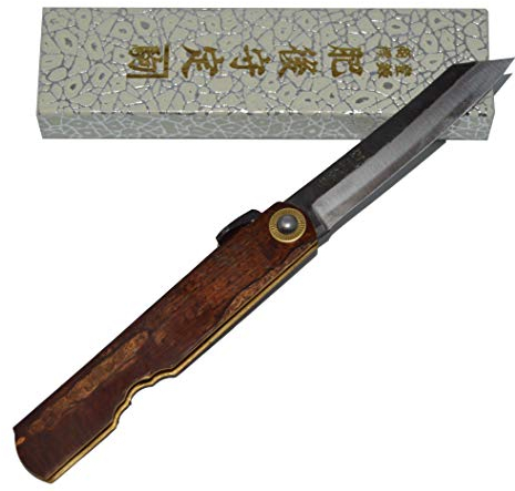 HIGO NO KAMI Couteau de Poche Pliant Artisanal Japonais Higonokami Kabazaiku Acier Bleu à Haute Teneur en Carbone Manche Pelliculé Bois Couteau Forgé Fait Main au Japon par Nagao Kanekoma