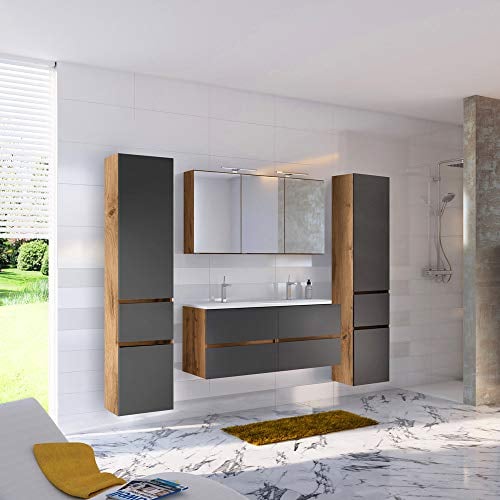 Lomadox Badezimmer Set inkl. Doppelwaschbecken in Wotaneiche Nb. mit matt grau, B/H/T: ca. 240/200/47 cm