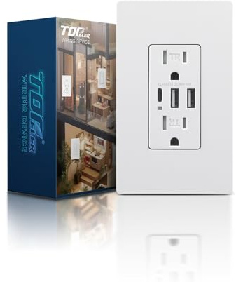 TOPELER USB C Wall Outlet, 15A Tamper Resistant Receptacle with 3 USB Port, 6.0A 30W High Charging Power Electrical Outlet, Screwless Wall Plate Include, UL Listed & FCC Approval