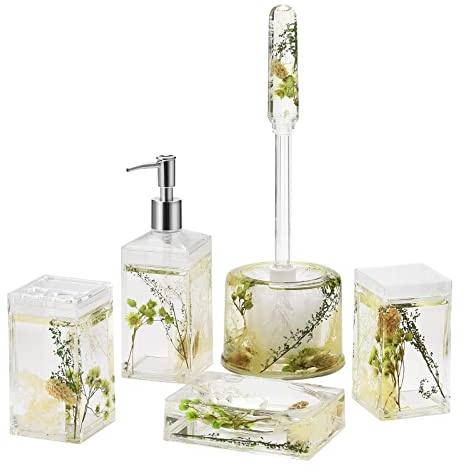 Locco Decor 5 Piece Acrylic Liquid 3D Floating Motion Bathroom Vanity Accessory Set Green Plants