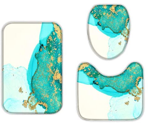 RLYXGS TüRkis Badezimmermatten und Teppiche 3-Teiligs Set Marmor Flanell Memory Foam rutschfeste Matten und Badteppich,Gold Toilettendeckelabdeckung,Badvorleger Badgarnitur WC Vorleger