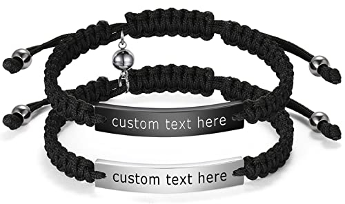 JewelryWe Schmuck 2pcs Personalisierte Pärchen Armband Lederarmband mit Gravur Magnet Kugel Edelstahl Leder geflochten Partnerarmband Freundschaftsarmband Paar Armreifen Verstellbar, Schwarz Silber