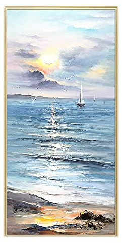 AERK Ölbilder Auf Leinwand Handgemalt,Handgemalte Extra Große Wandkunst Original Sonnenaufgang Strand Landschaft Coole Gemälde Moderne Abstrakte Rahmenlose Strukturierte Kunstwerke Wohnkultur Fü