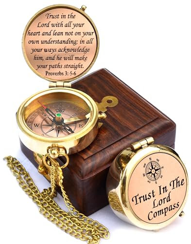 Kompass mit Gravur Trust in The Lord with All Your Heart, Sprichwörter 3: 5–6, mit Holzbox, Camping-Kompass, Geschenkkompass, Geschenk zum Schulabschluss, 2025, Kompass für Damen, Herren, Jungen,