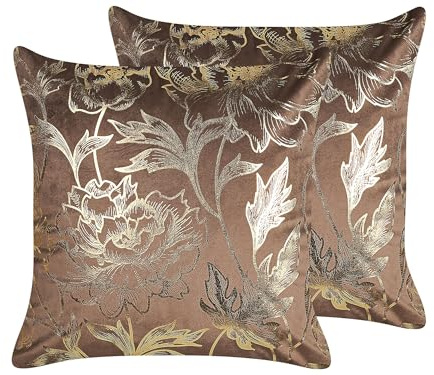 Beliani Dekokissen mit Füllung 2er Set Samt braun Blumenmuster Gold 45 x 45 cm Daffodil