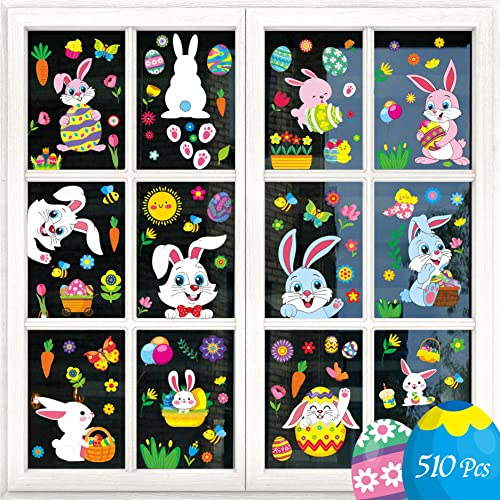 510 PCS Osterhasen Fensteraufkleber, doppelseitiger Druck Eierjagd Spiel Dekoration keine Rückstände Osterferien Abziehbilder Partyzubehör Zubehör für Home Office Shop (12 Blätter)
