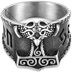 YAHOYA Vintage Vikings Norse Runes Thor's Hammer Rings Men's Antique Steel Odin's Crow Mjolnir Talisman Scandinavian Jewelry Male Gifts