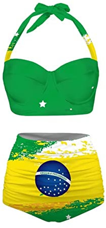 Howilath a Pair Swimwear Brazil Flag Green Tankini Comfy Bikini Bandeau Bikini Top and Bottom Swimming Costume for Ladies-L