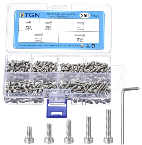 DTGN 250 Stück M3 Metrische Schraubensortiment, M3 Bolzen Innensechskantschrauben, 304 Edelstahl M3x6/8/10/12/16mm Innensechskantschrauben Set mit Schraubenschlüssel für 3D-Druck DIY