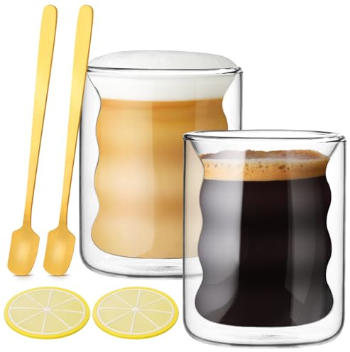 RHtvrll Doppelwandige Gläser mit Löffel + Untersetzer, 200ml Latte Macchiato Gläser Spiralförmig Kaffeegläser Cappuccino Kaffeebecher Espressotassen für Tee, Milch, Eiscreme, Saft (2er)