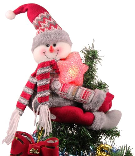YOULIK Weihnachtsbaumspitze mit rotem Stern, Schneemann, kann auch für Vorhänge und Krawatten und Kuschelflaschen verwendet werden – Weihnachten, lustig, grau, rot, weiß.